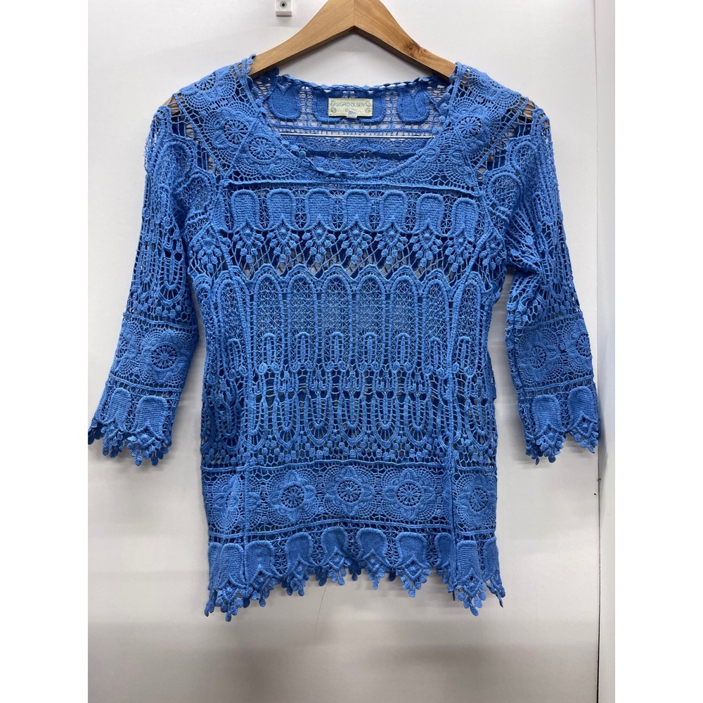 Sigrid Olsen Studio Blue Crochet Lace 3/4 Sleeve Top Small Floral Open Knit